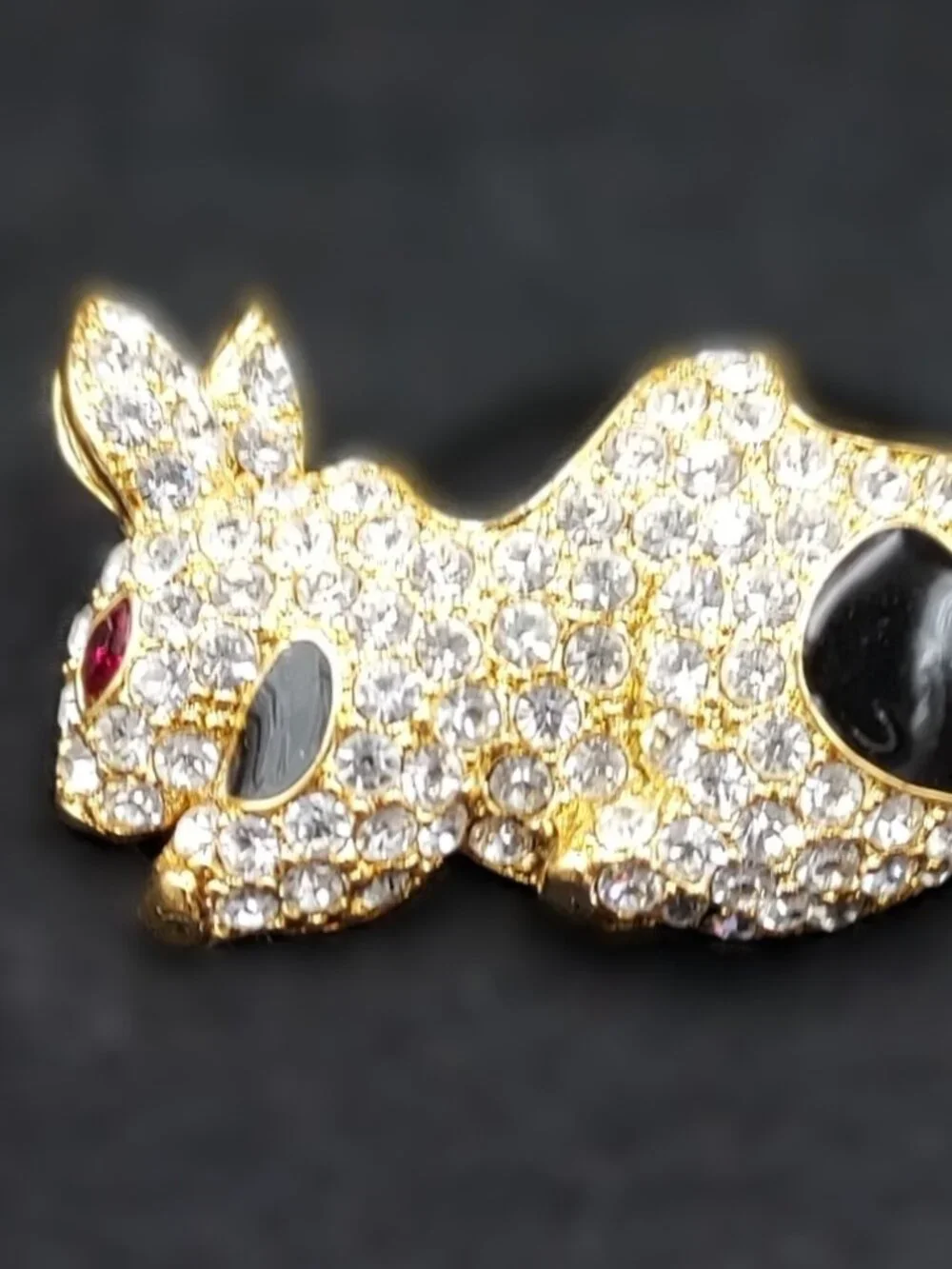 Vintage Bunny with Gold Tone Black Enamal and Clear Stones and a Ruby Eye